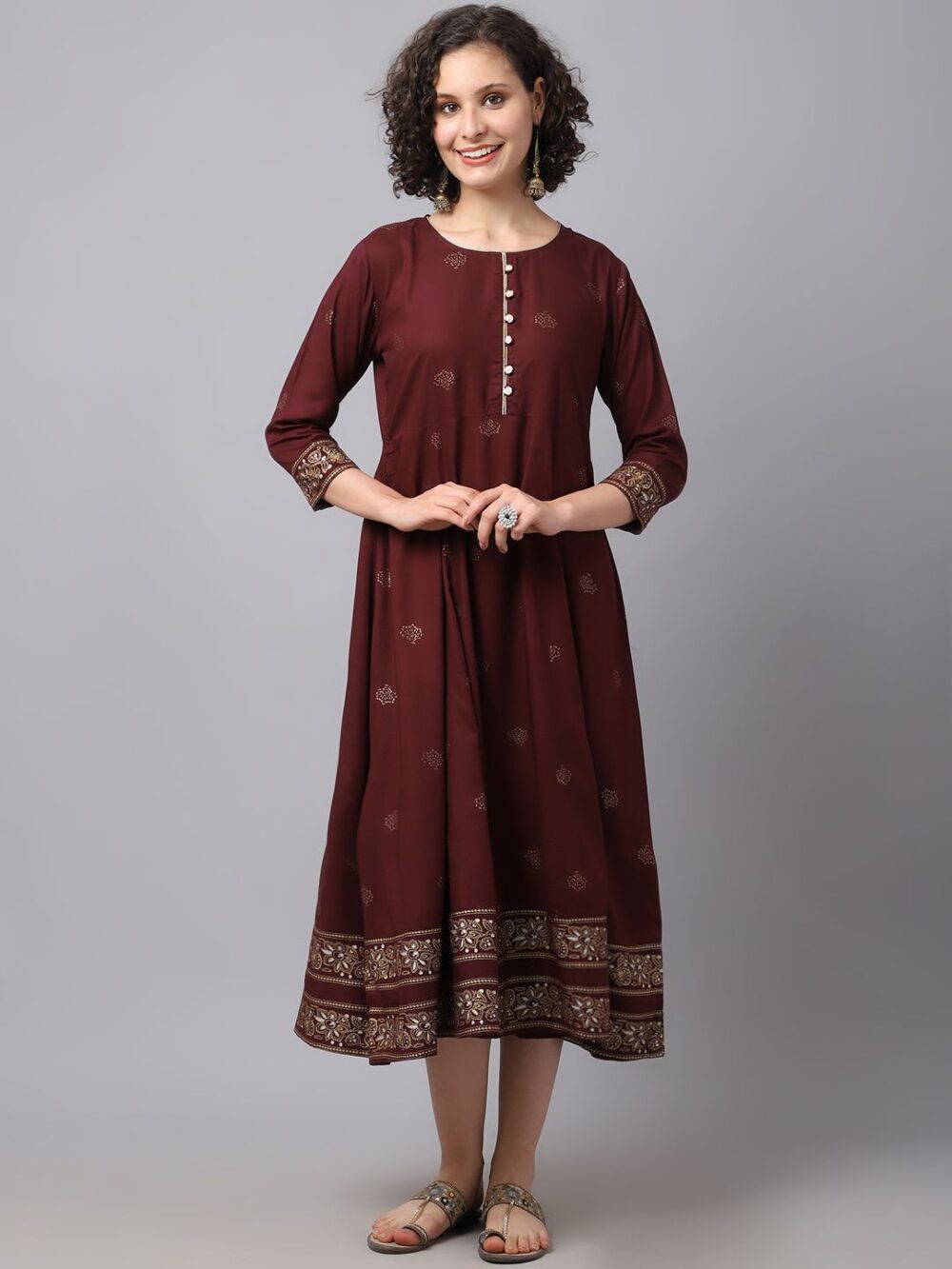 Women’s Women Maroon Ethnic Motifs Printed Kurta Dress