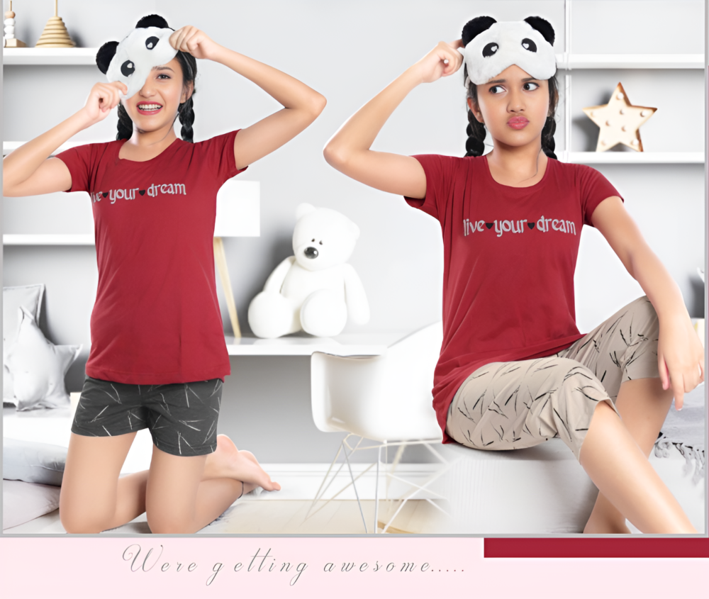 maroon nightwear combo set for girls