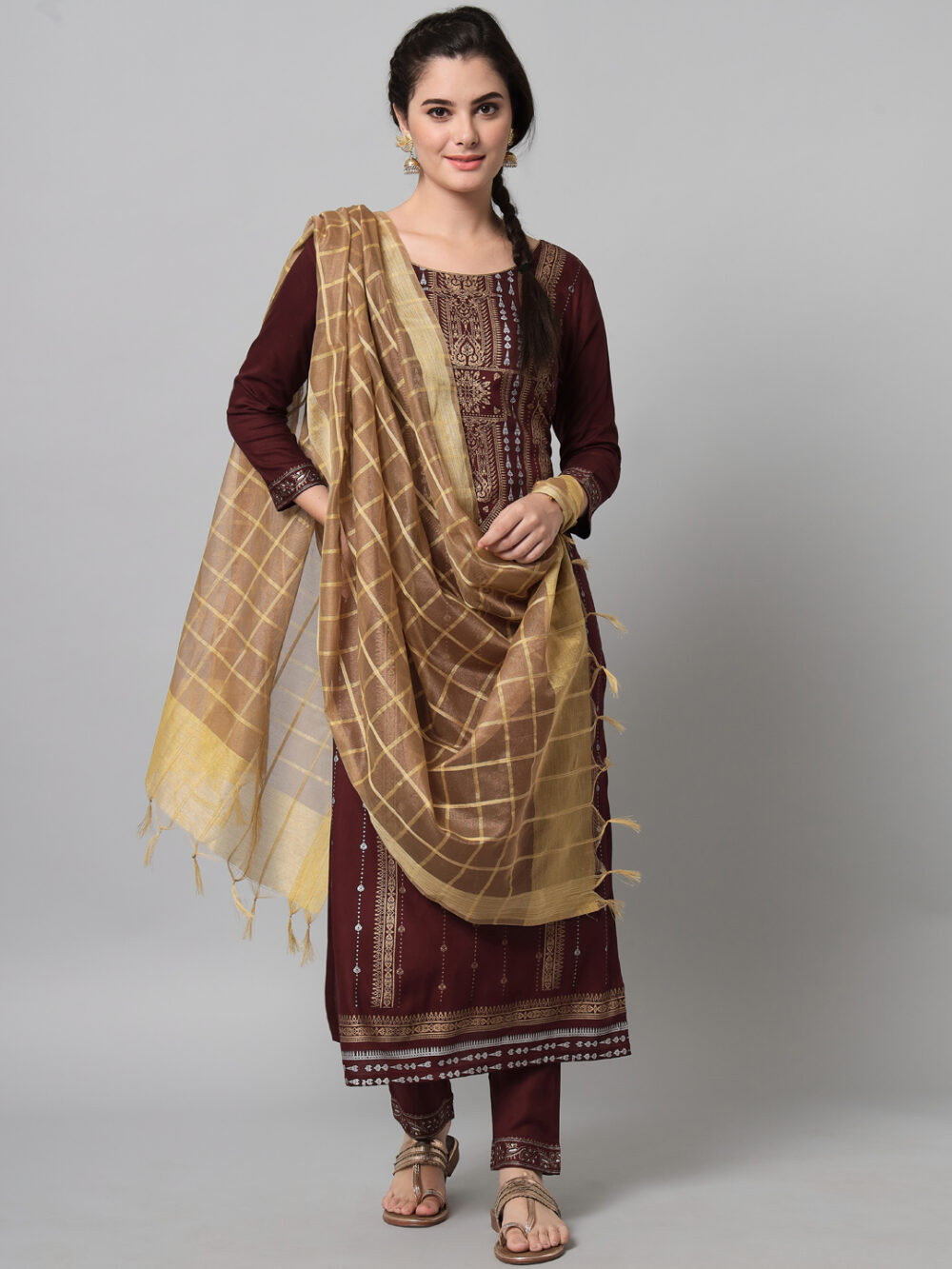 wine kurta trouser set with dupatta