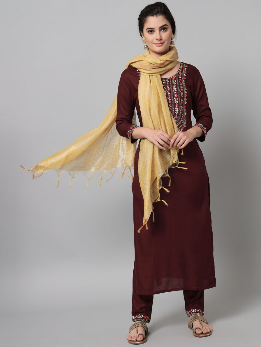 wine kurta trouser set with dupatta shop now