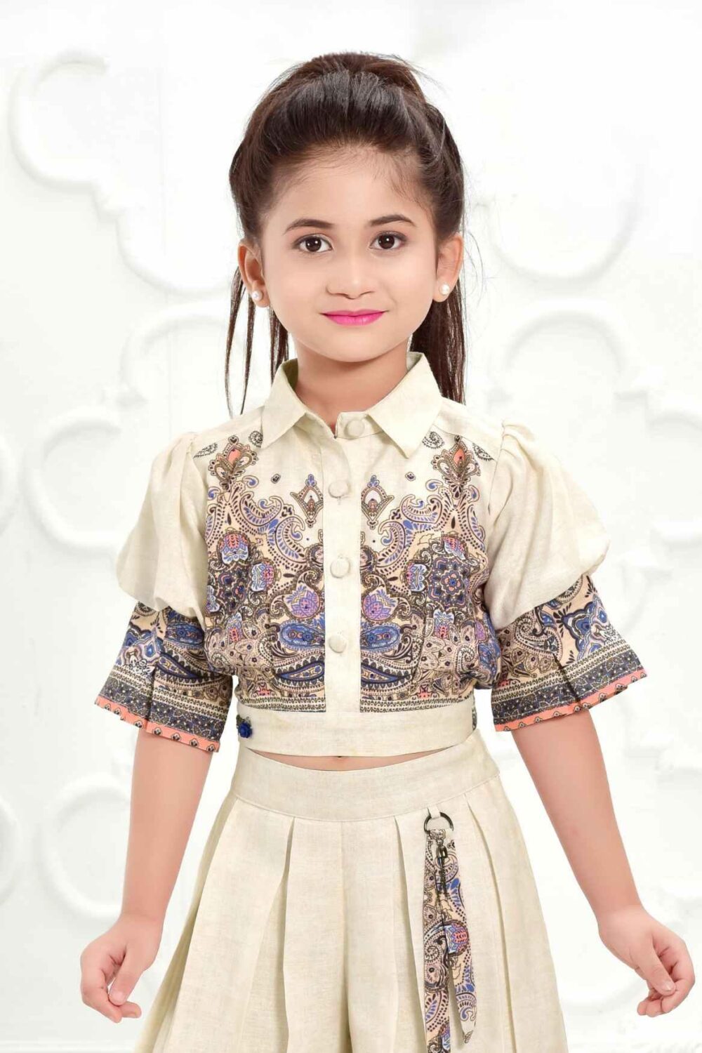 stylish printed co ord set with puff sleeves top for girls shop now