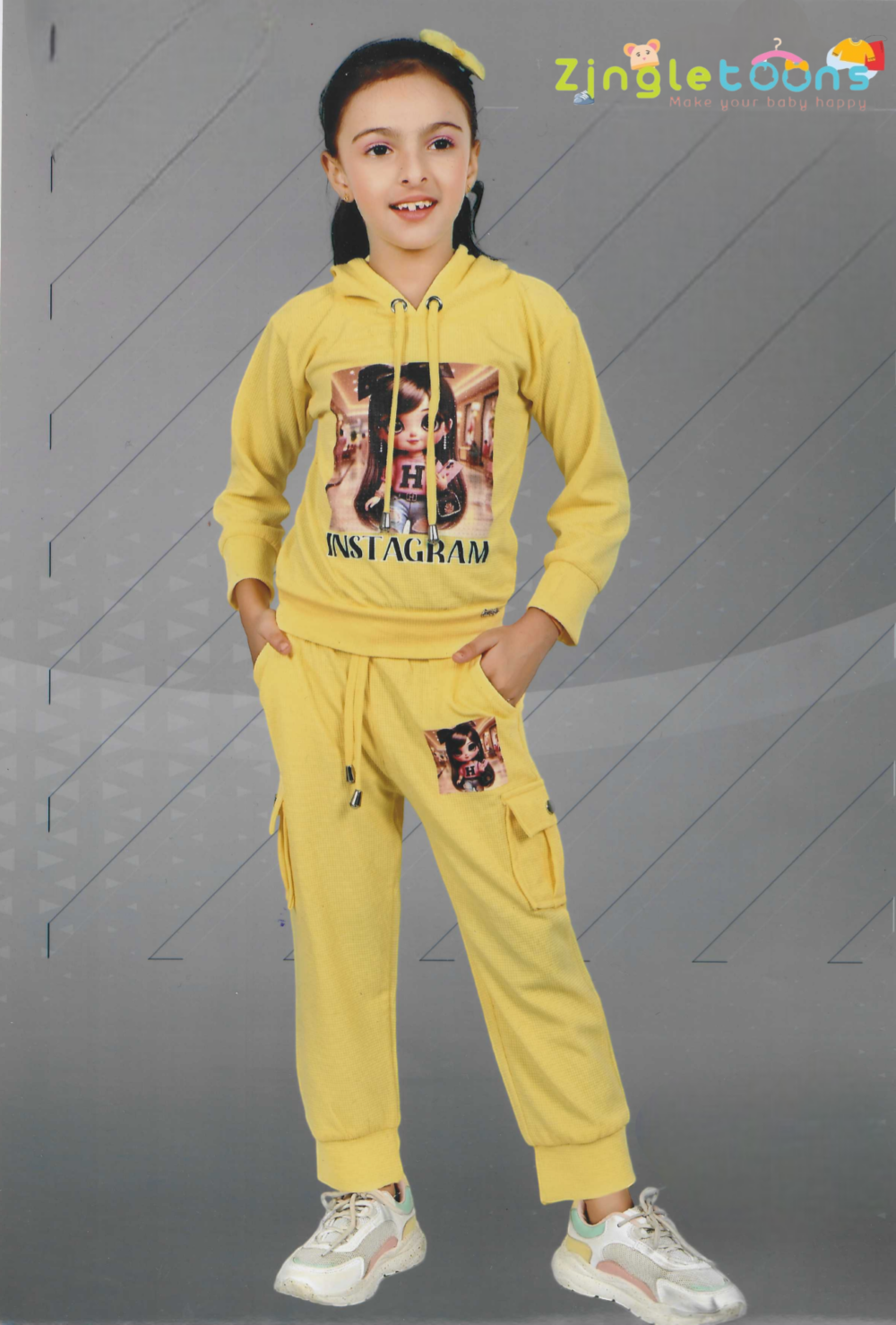 girls yellow print hoodie and joggers set