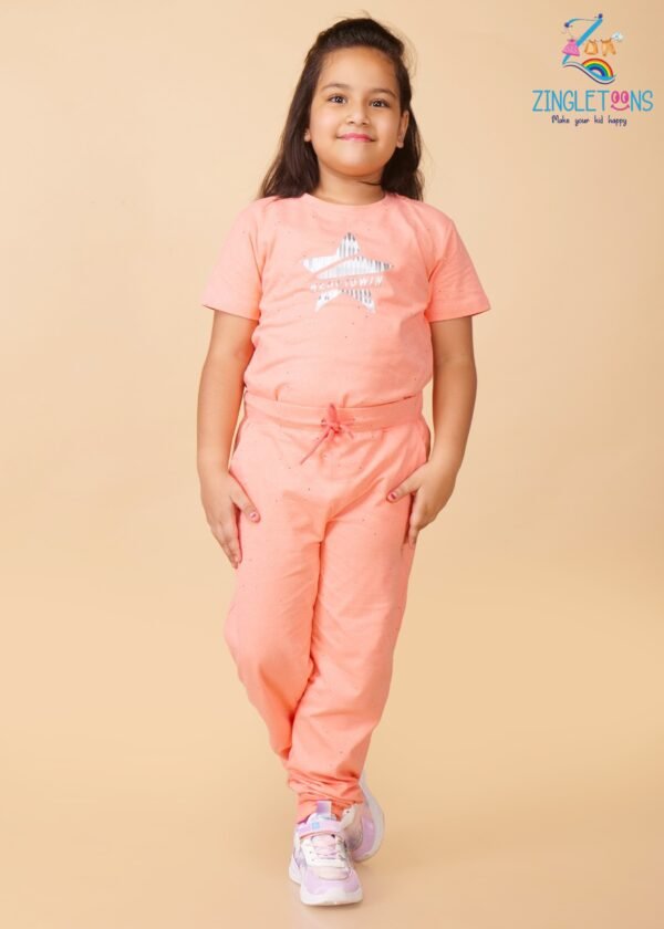 Girls Peach Solid Tshirt And Joggers Clothing Sets