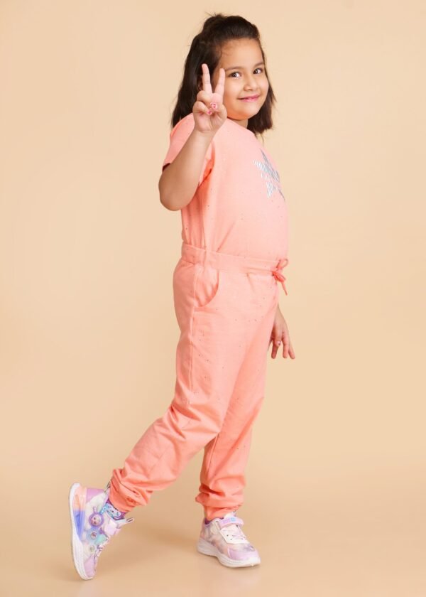 Girls Peach Solid Tshirt And Joggers Clothing Sets - Image 3