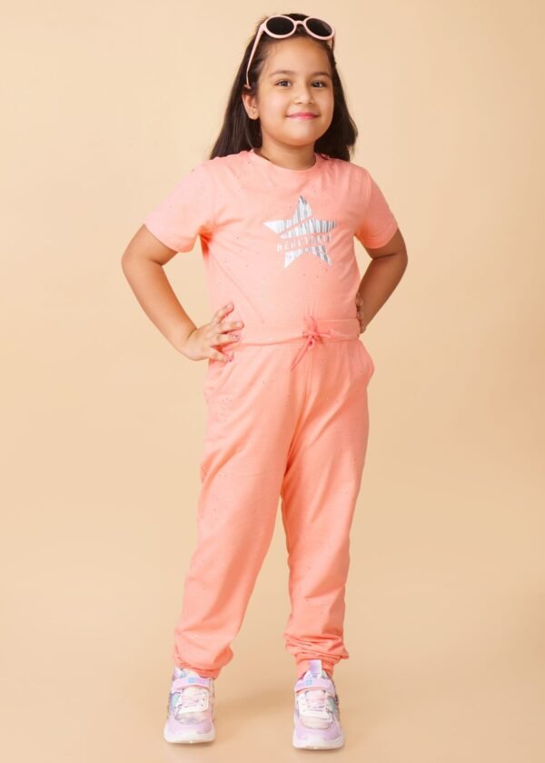 Girls Peach Solid Tshirt And Joggers Clothing Sets - Image 5