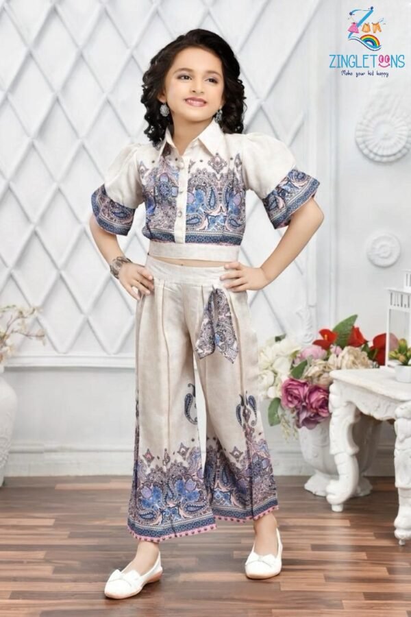 Stylish Printed Co-Ord Set With Puff Sleeves Top For Girls