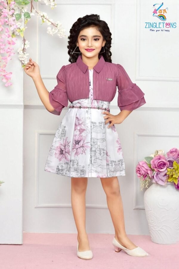 Girls Floral Printed Dress With Jacket And Belt