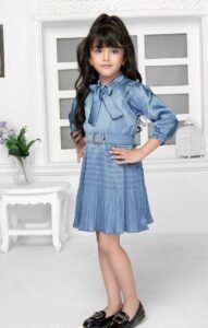 Girls Striped Tie-Up Neck Gathered Detailed Satin Fit & Flare Dress With Belt - Image 3