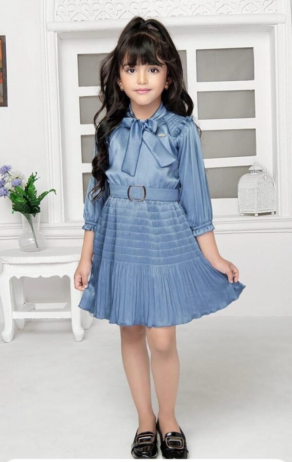 Girls Striped Tie-Up Neck Gathered Detailed Satin Fit & Flare Dress With Belt - Image 2