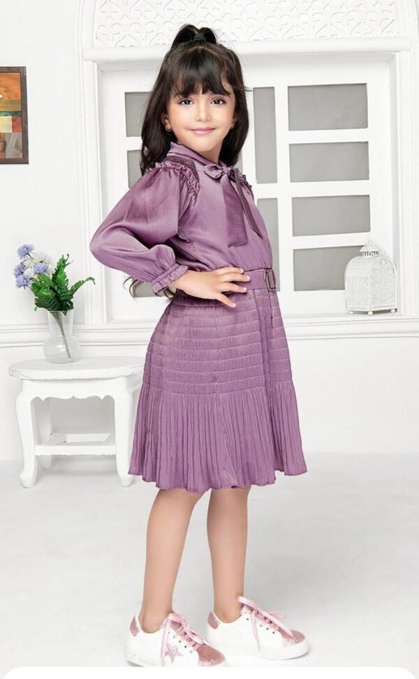 Girls Striped Tie-Up Neck Gathered Detailed Satin Fit & Flare Dress With Belt - Image 4