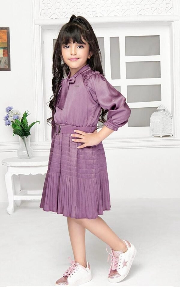 Girls Striped Tie-Up Neck Gathered Detailed Satin Fit & Flare Dress With Belt - Image 2