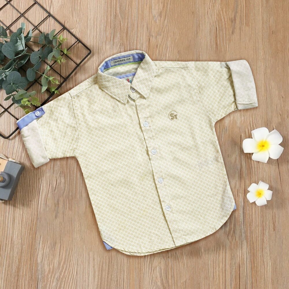 Boys’ Cream Printed Half-Sleeve Shirt – Smart Casual Look
