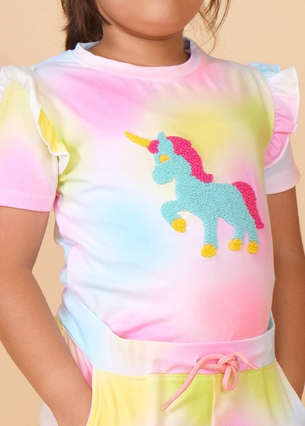 Girls Unicorn Printed Half Sleeves Tshirt And Joggers - Image 4