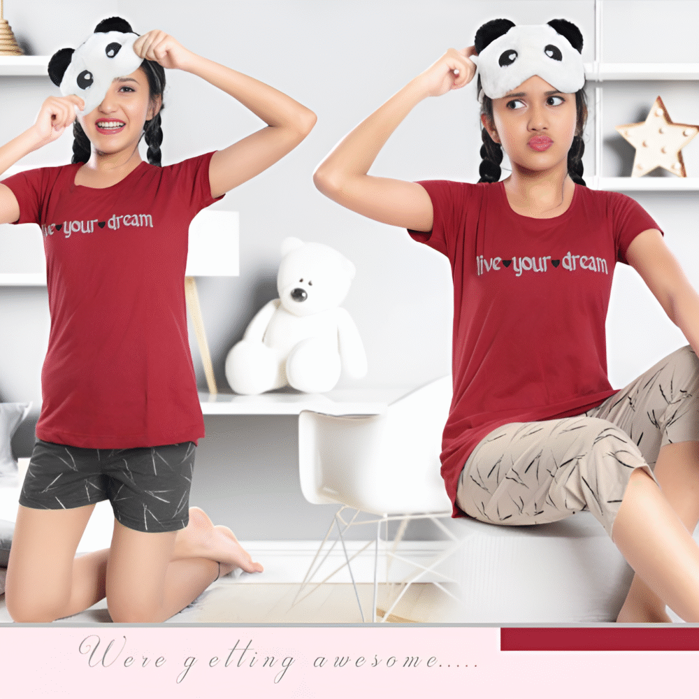Maroon Nightwear Combo Set For Girls