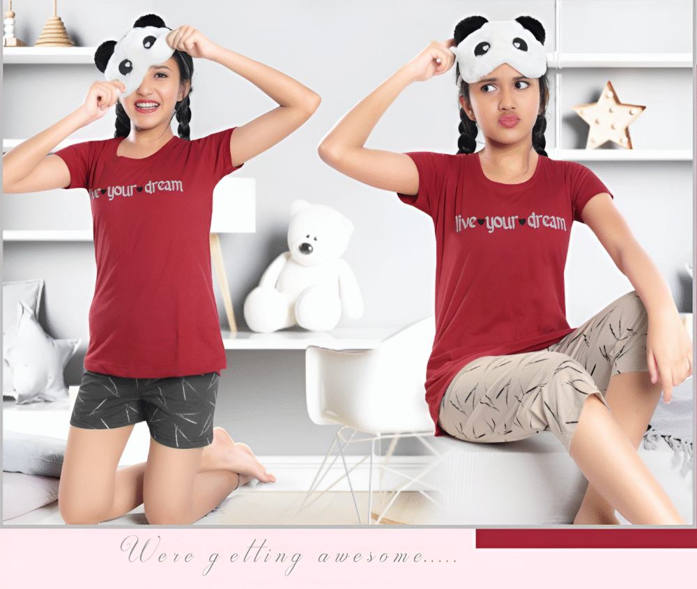 Maroon Nightwear Combo Set For Girls