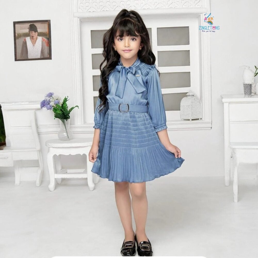 Girls Striped Tie-Up Neck Gathered Detailed Satin Fit & Flare Dress With Belt