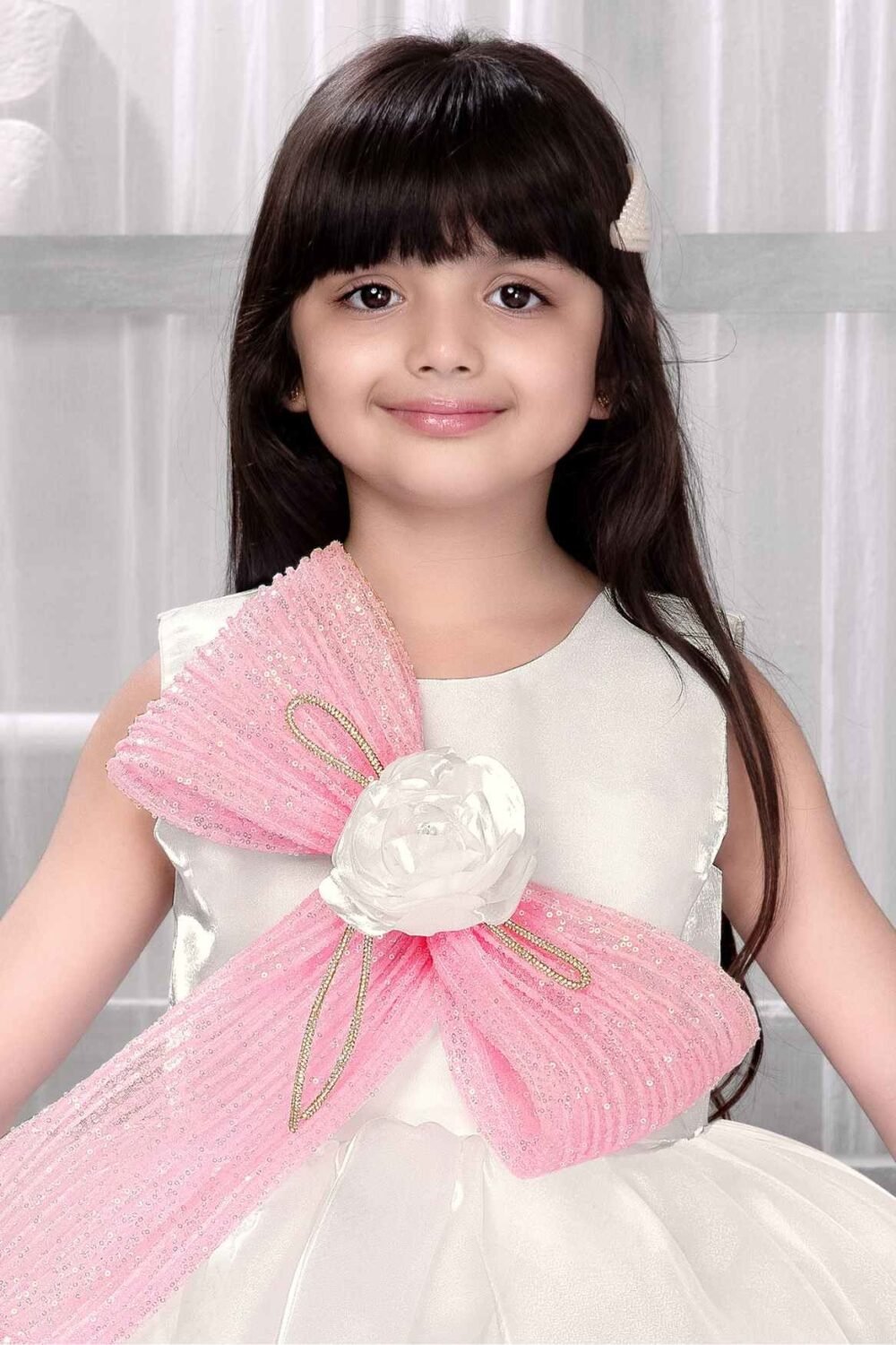 Cream Sequins Work With Bow Embellished Party Wear Frock For Girls - Image 2