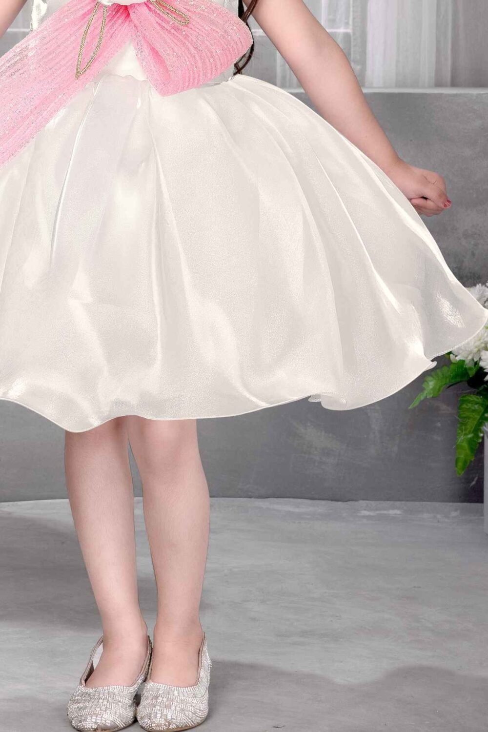 Cream Sequins Work With Bow Embellished Party Wear Frock For Girls - Image 3
