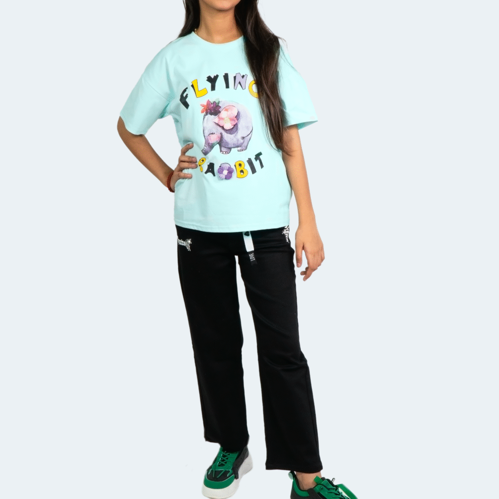 Flying Rabbit Oversized Cartoon T-Shirt for Girls