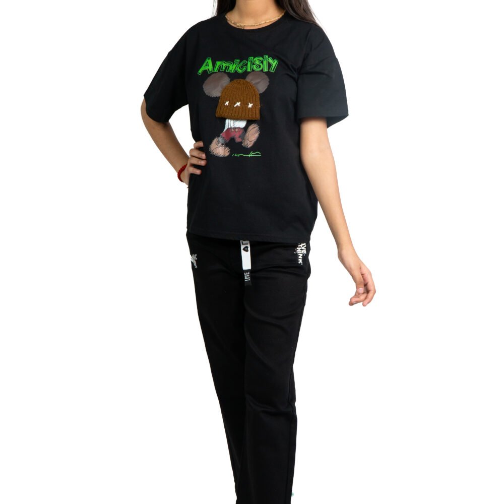 Girls Oversized Graphic T-Shirt – “teddy patch (Black)