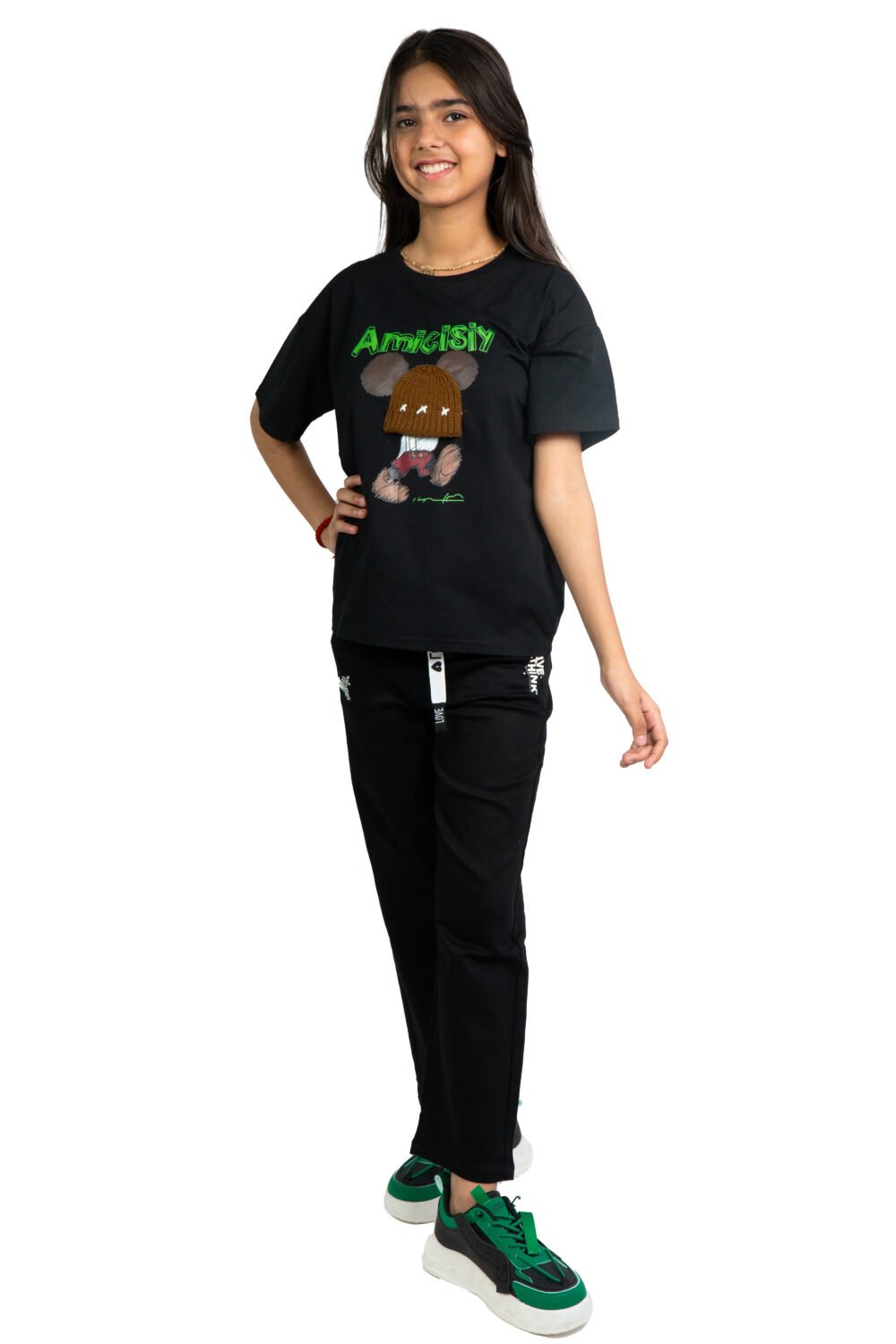 Girls Oversized Graphic T-Shirt – “teddy patch (Black)