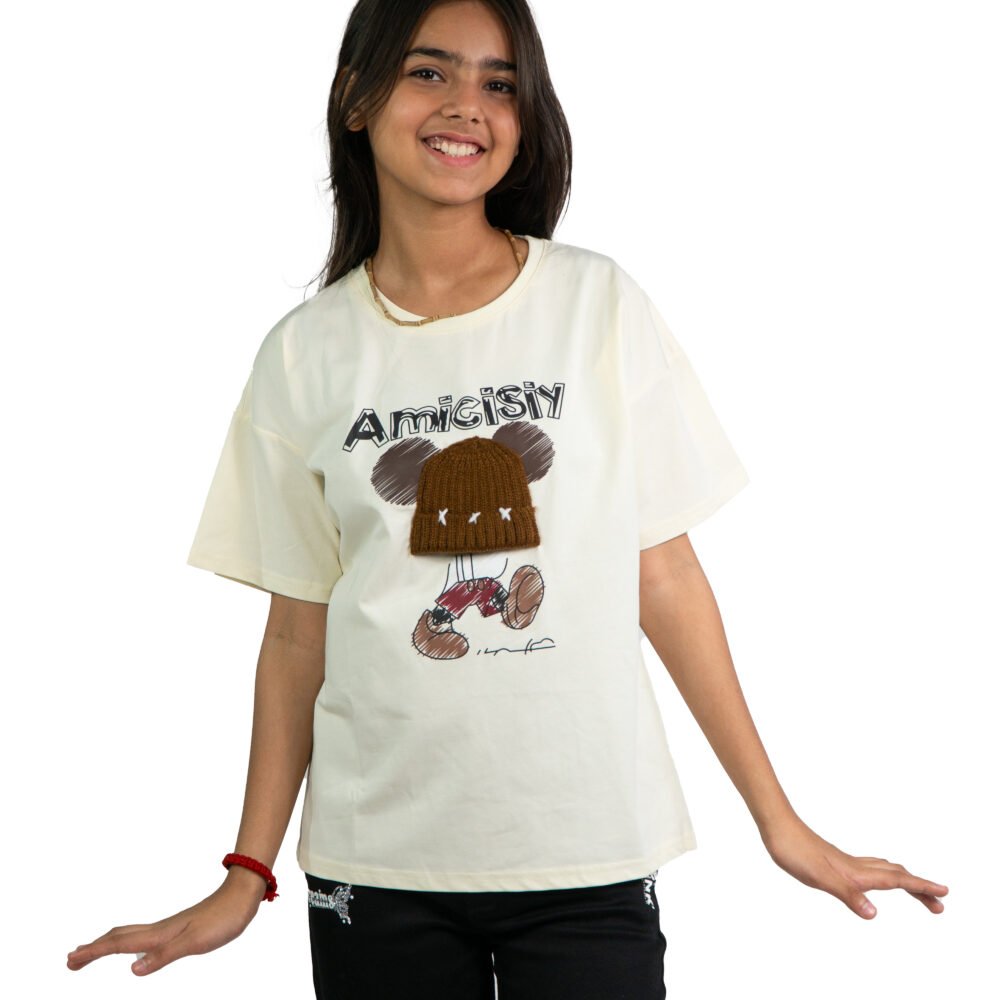 Cream Teddy Cartoon Oversized T-Shirt for Girls