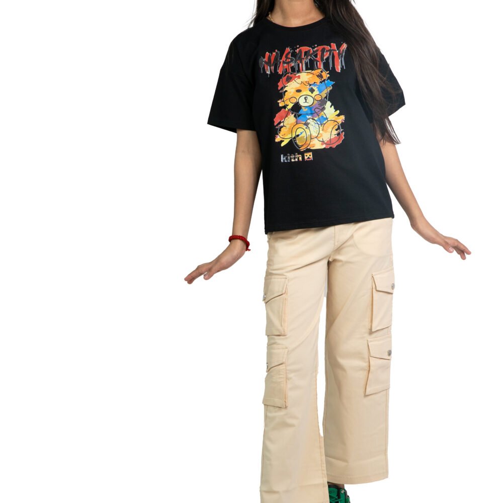 Girls Oversized Graphic T-Shirt – “Delicious Vibes” Dog Print (Black)