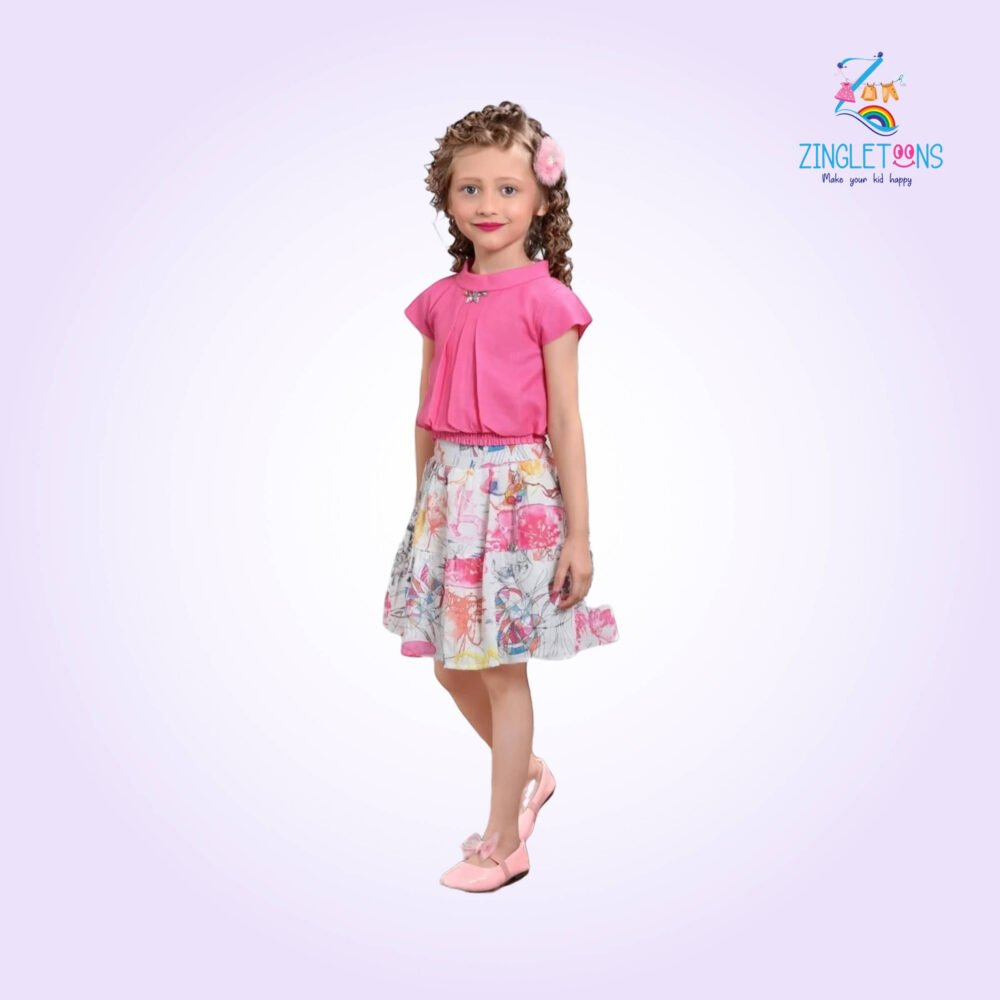 Girls Printed Puffed Sleeves Top With Skirt