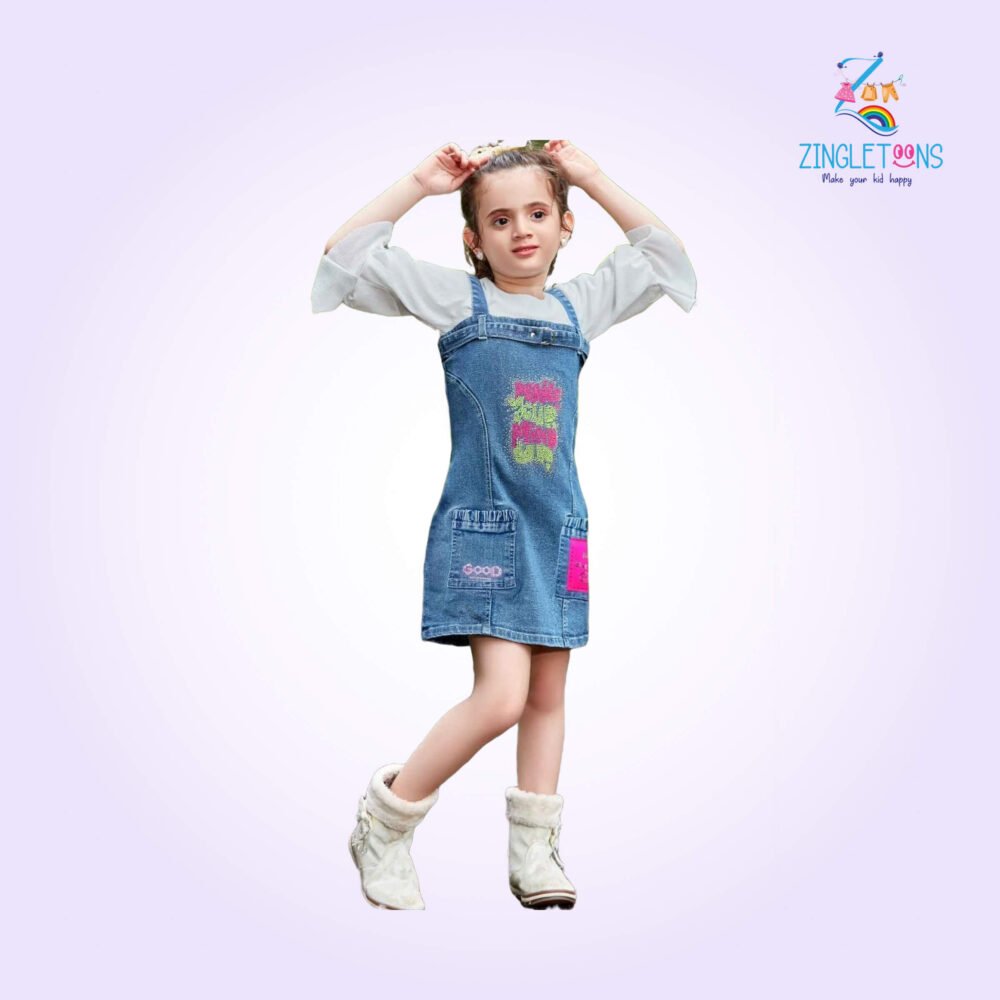 Denim Dungri Skirt With White 3/4 Sleeves T-Shirt For Girls