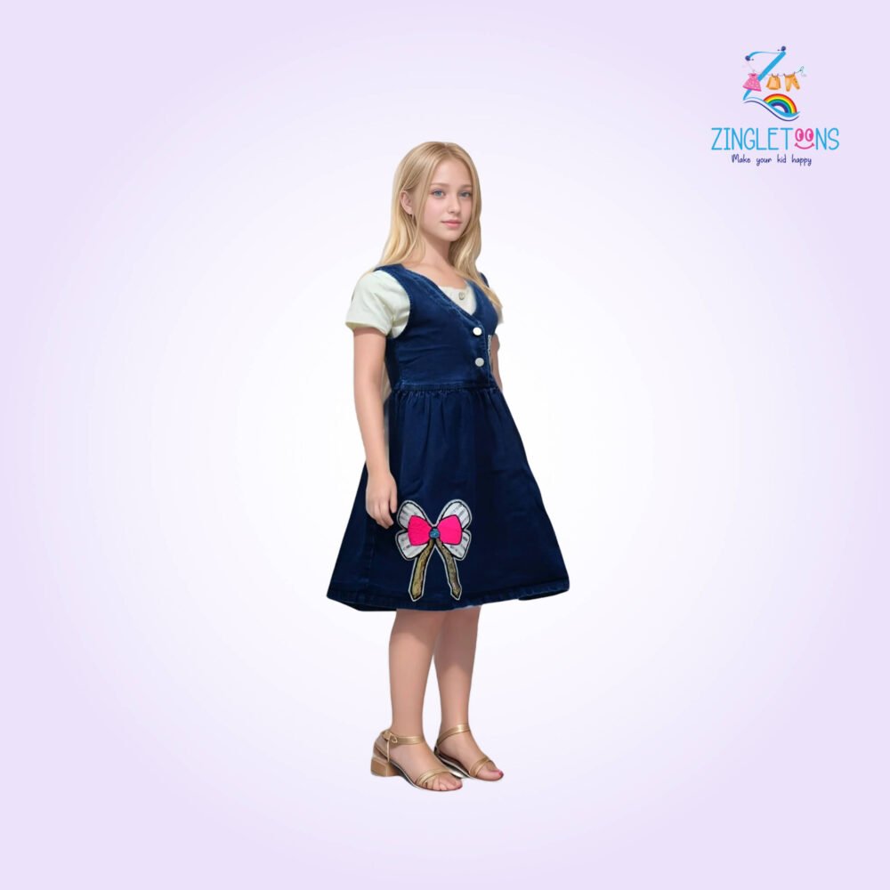 Flower Printed Denim Dress For Girls