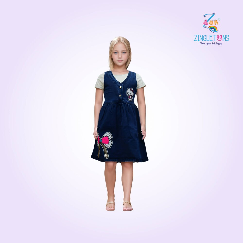 Flower Printed Denim Dress For Girls - Image 3
