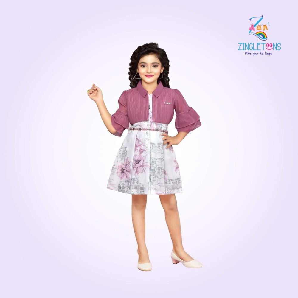 Girls Floral Printed Dress With Jacket And Belt