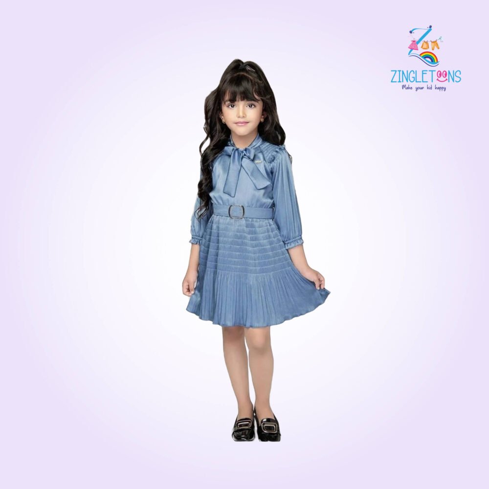 Girls Striped Tie-Up Neck Gathered Detailed Satin Fit & Flare Dress With Belt