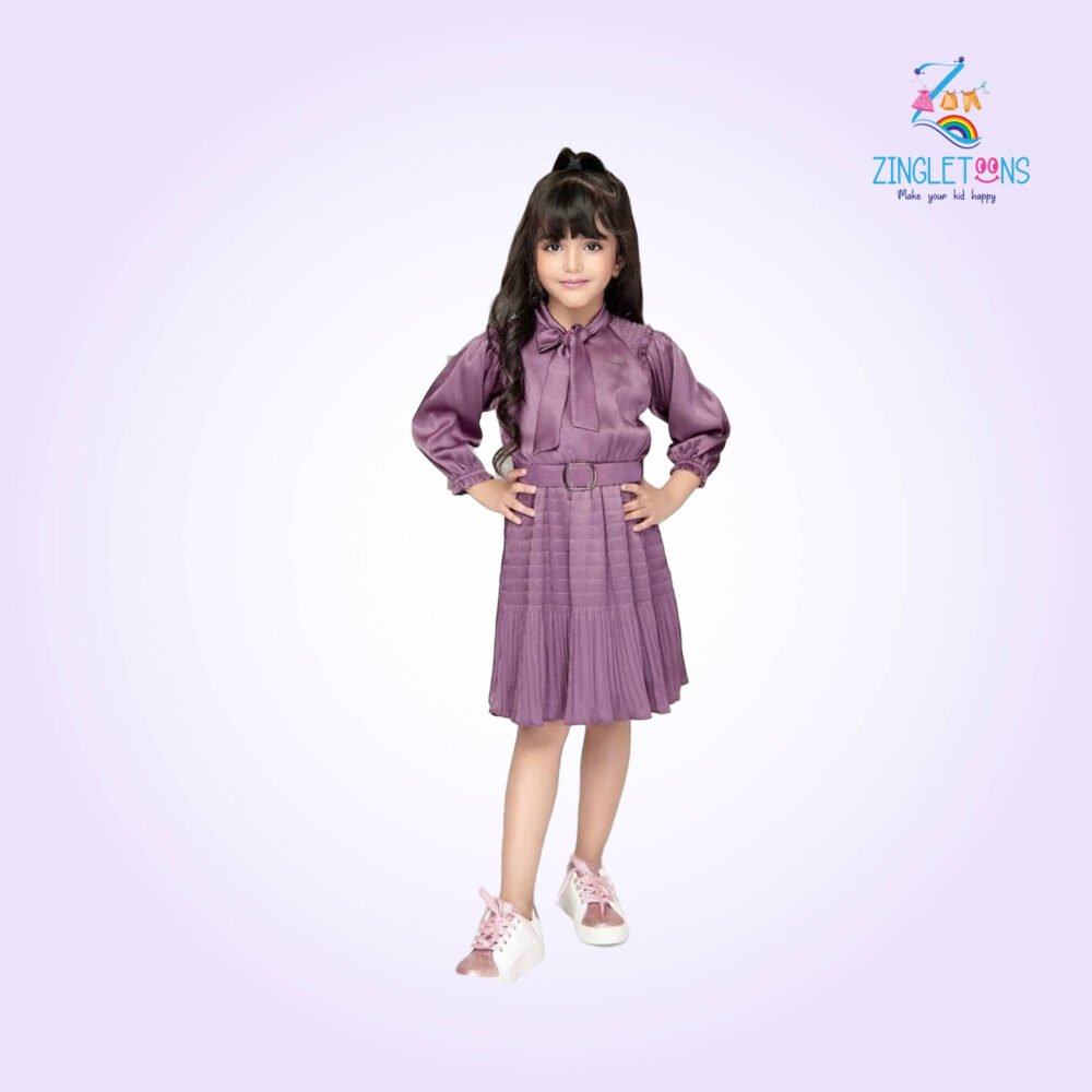 Girls Striped Tie-Up Neck Gathered Detailed Satin Fit & Flare Dress With Belt
