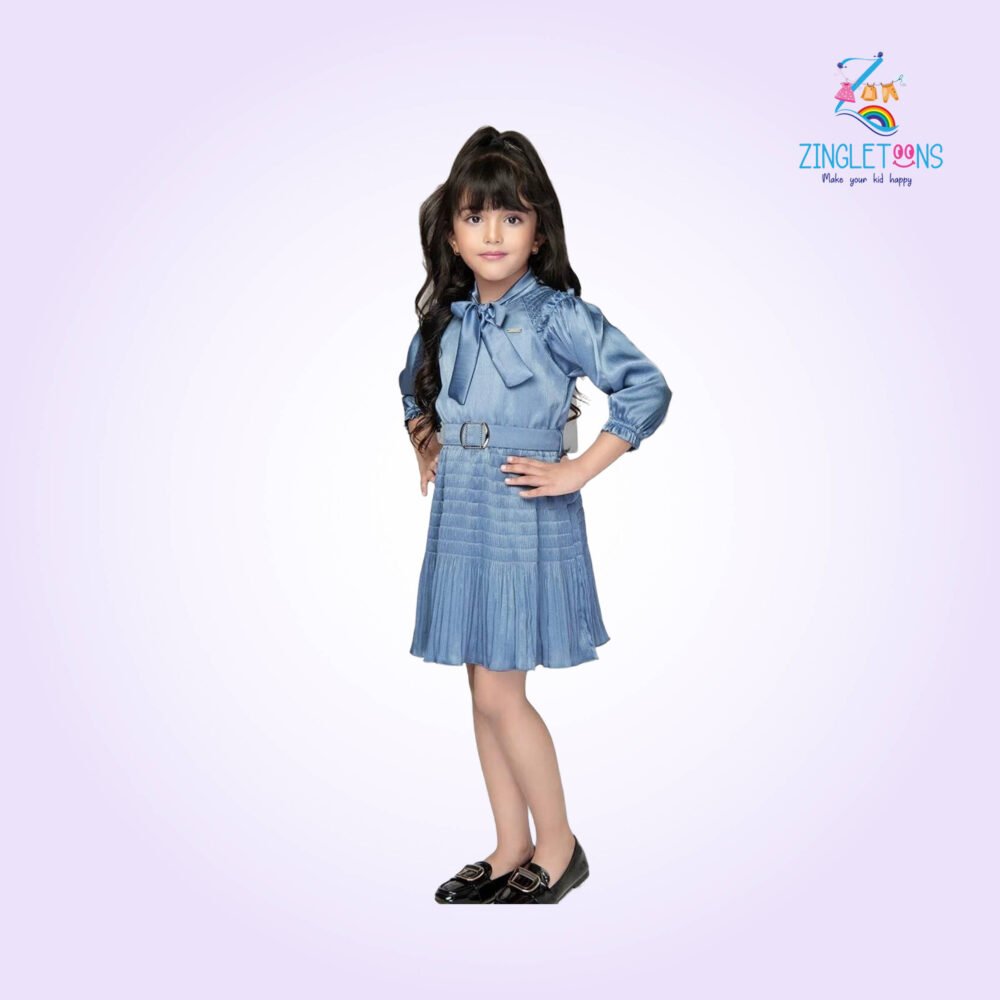 Girls Striped Tie-Up Neck Gathered Detailed Satin Fit & Flare Dress With Belt - Image 2