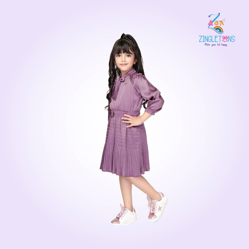 Girls Striped Tie-Up Neck Gathered Detailed Satin Fit & Flare Dress With Belt - Image 5