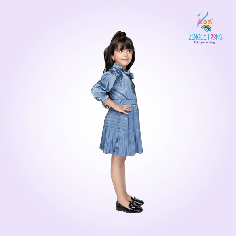 Girls Striped Tie-Up Neck Gathered Detailed Satin Fit & Flare Dress With Belt - Image 3