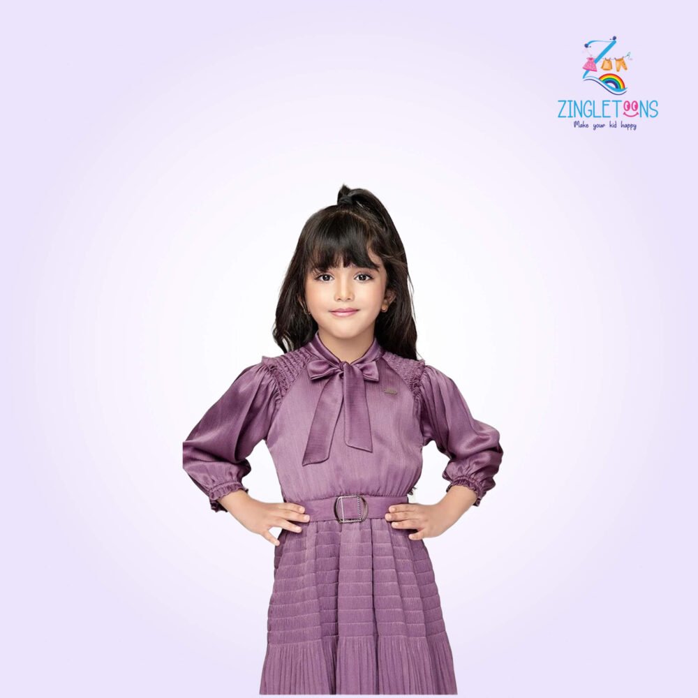 Girls Striped Tie-Up Neck Gathered Detailed Satin Fit & Flare Dress With Belt - Image 3