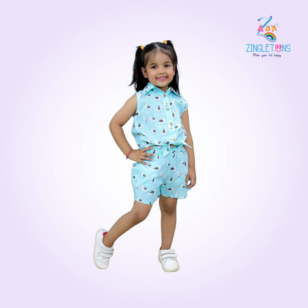 Girls Conversational Printed Spread Collar Pure Cotton Shirt With Shorts