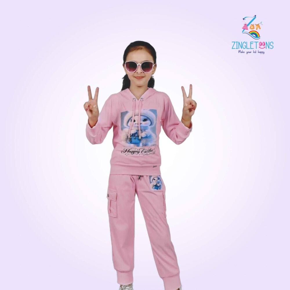 Girls Pink Print Hoodie And Joggers Set