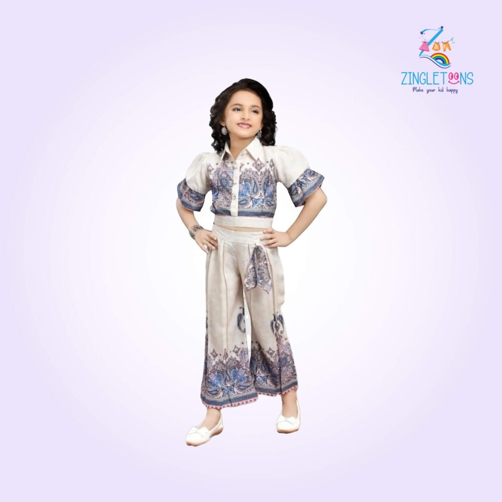Stylish Printed Co-Ord Set With Puff Sleeves Top For Girls