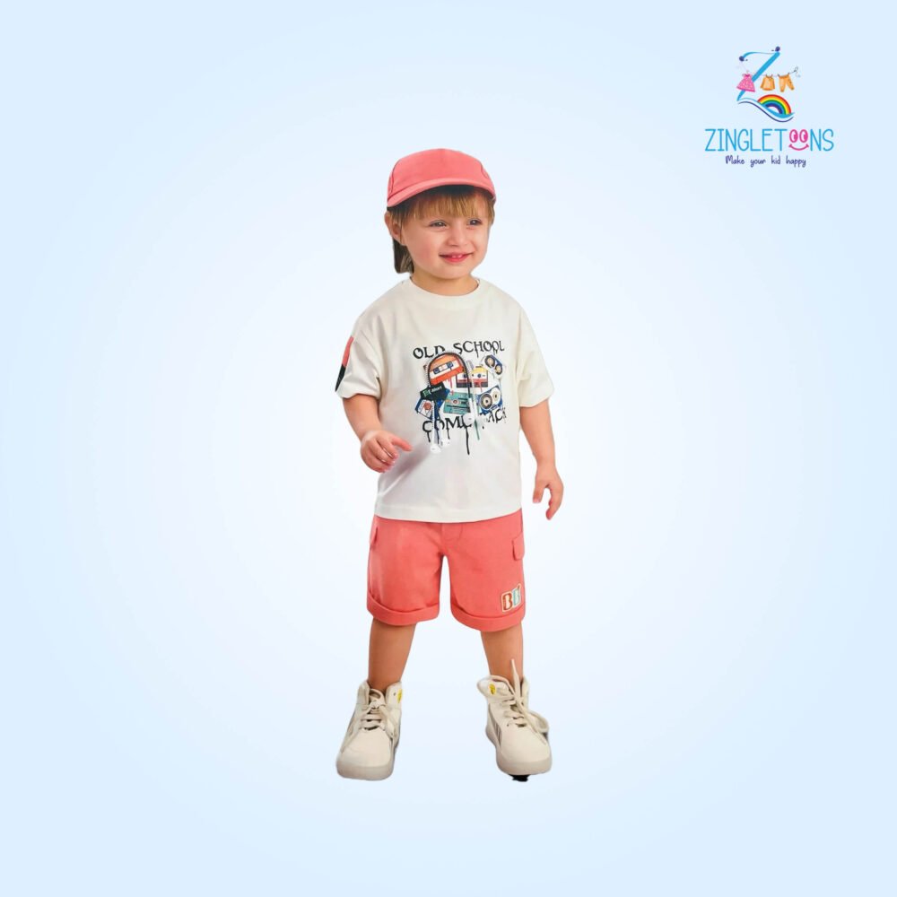 Kids' Cartoon Print Summer Outfit Set – T-Shirt & Shorts with cap