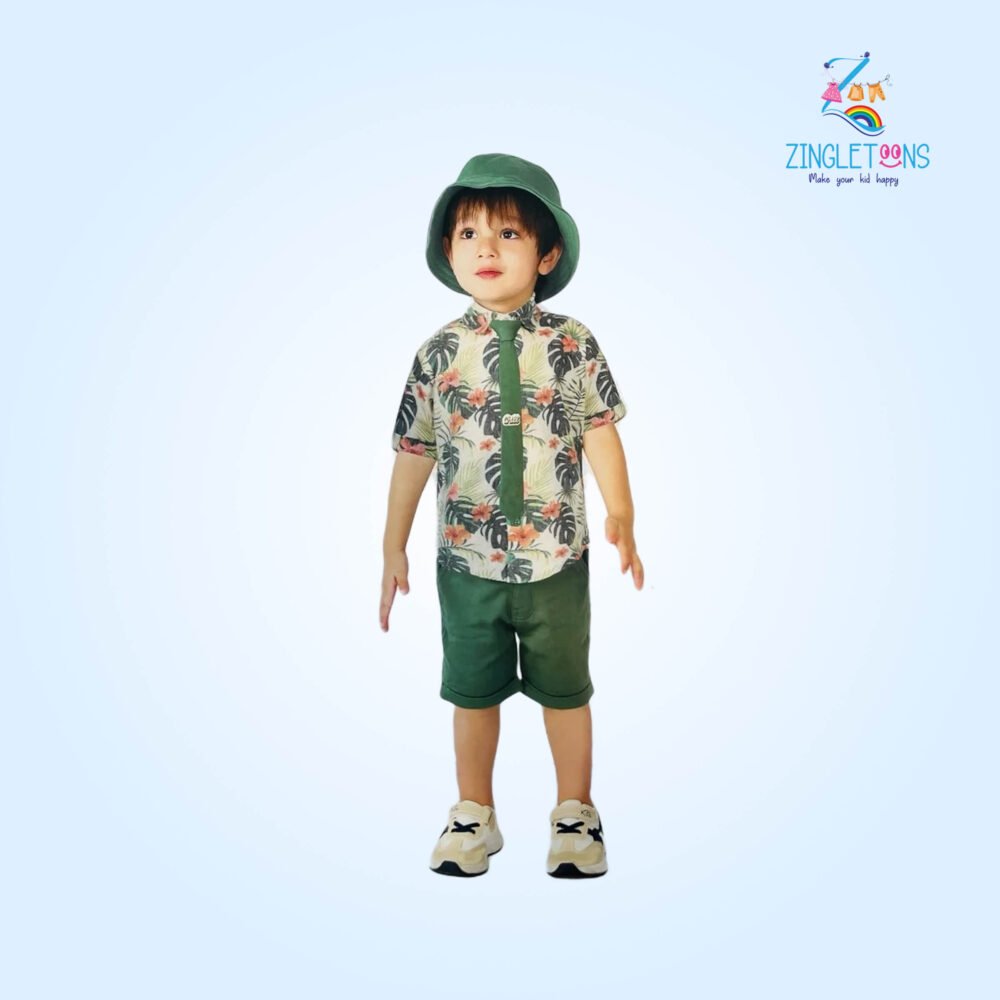 Tropical Jungle Print Kids Outfit Set (Shirt, Shorts & Hat)