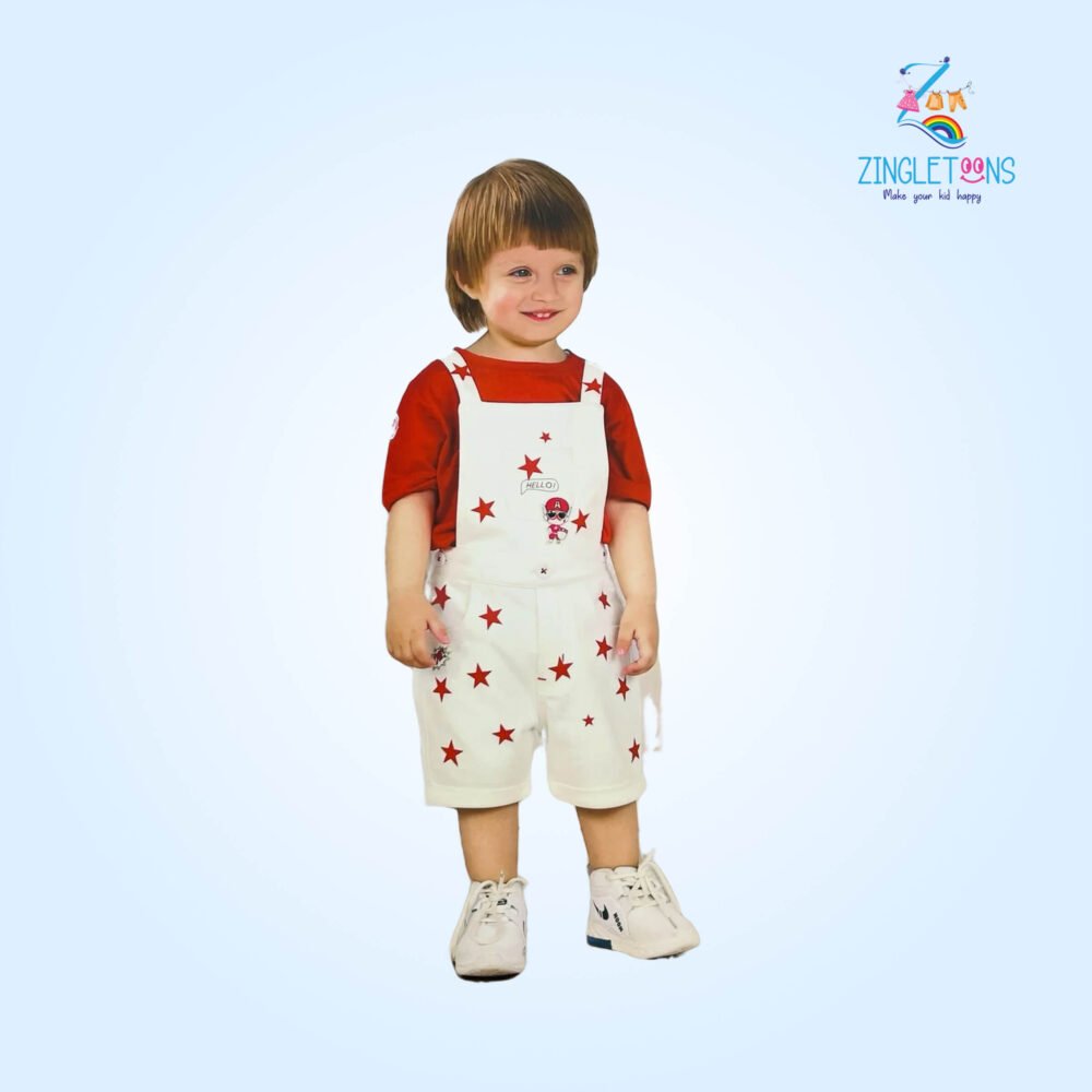 Stylish Red & White Star-Print Dungaree Set for Toddler
