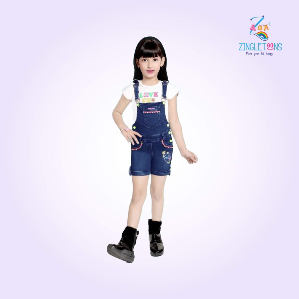 Lovely Slim Fit Denim Dungaree with Top for Kids Girls (DARK BLUE)