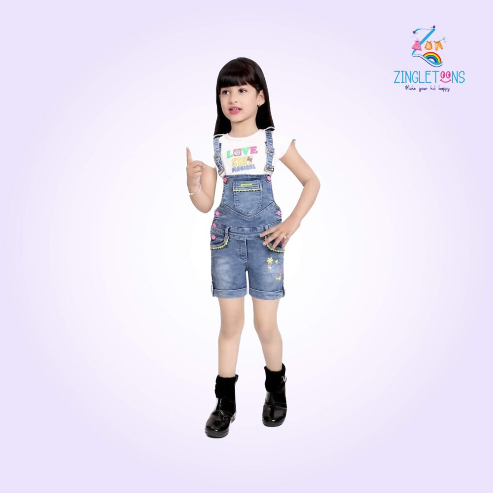 Lovely Slim Fit Denim Dungaree with Top for Kids Girls (Light Blue)