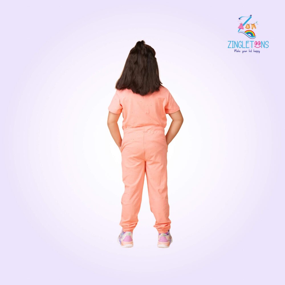 Girls Peach Solid Tshirt And Joggers Clothing Sets - Image 3