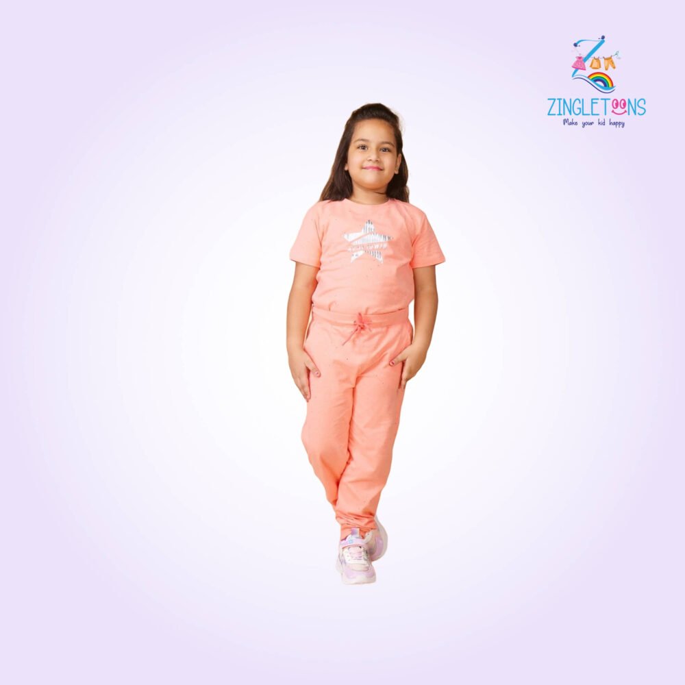 Girls Peach Solid Tshirt And Joggers Clothing Sets - Image 4