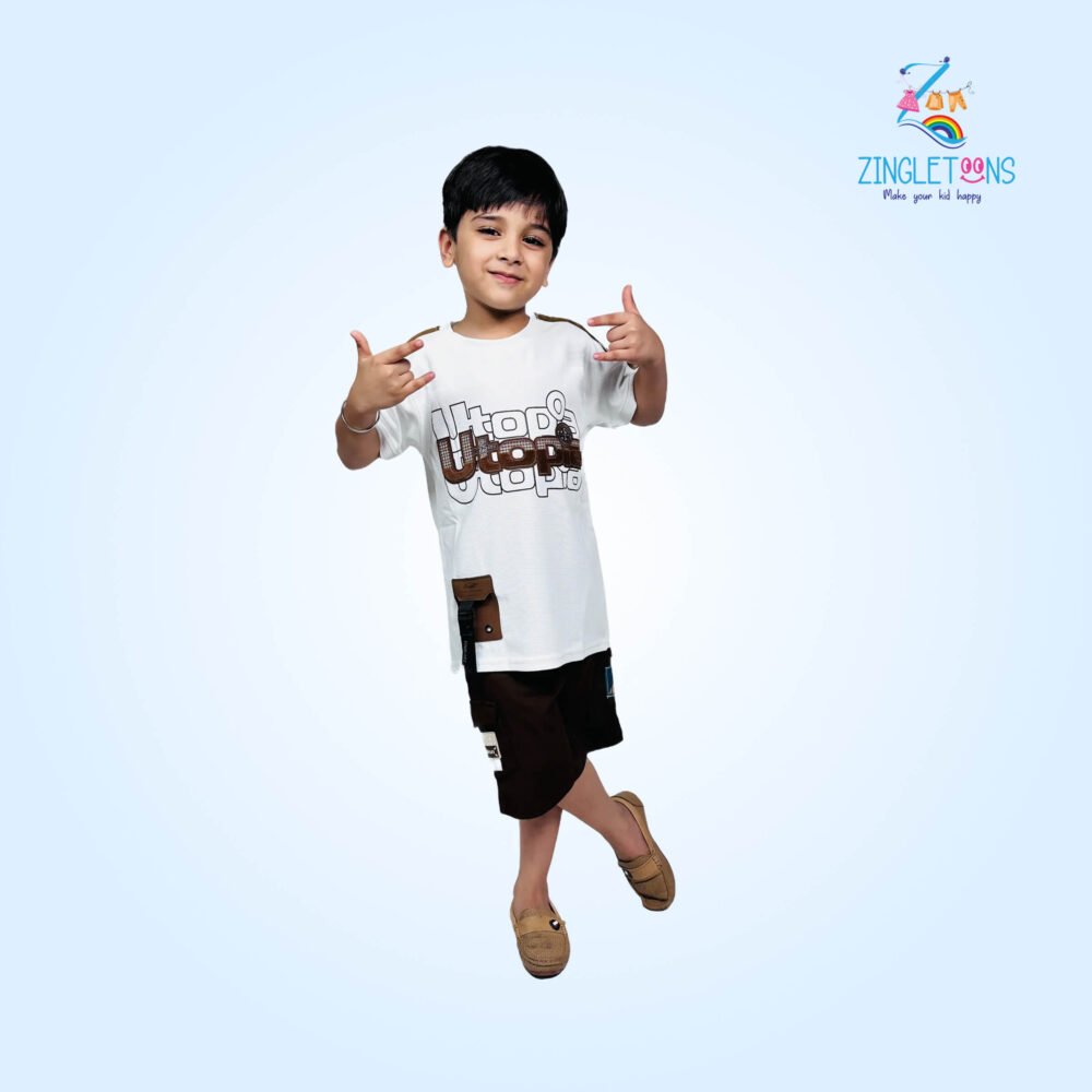 Stylish Kids' Casual Outfit – Utopia Printed T-Shirt & Cargo Shorts Set - Image 3