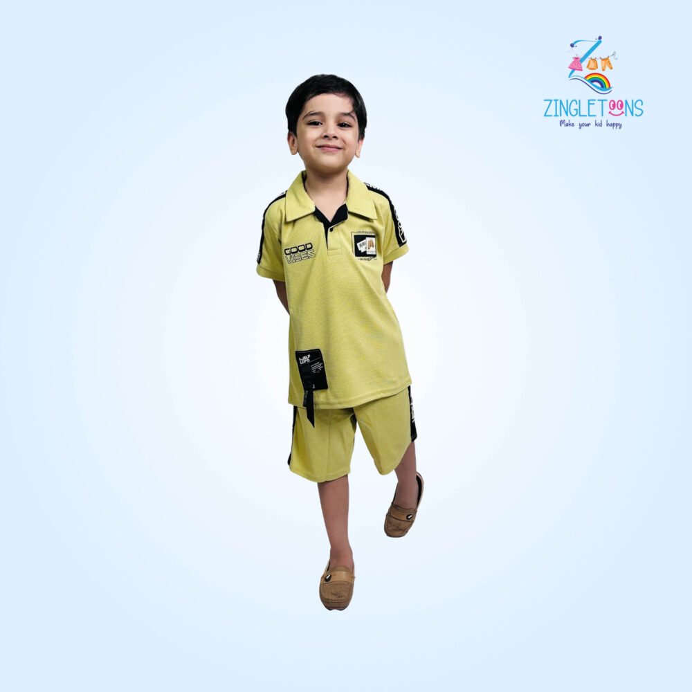 Stylish Kids’ Casual Outfit – MUSTARD T-Shirt & Cargo Shorts Set - Image 3